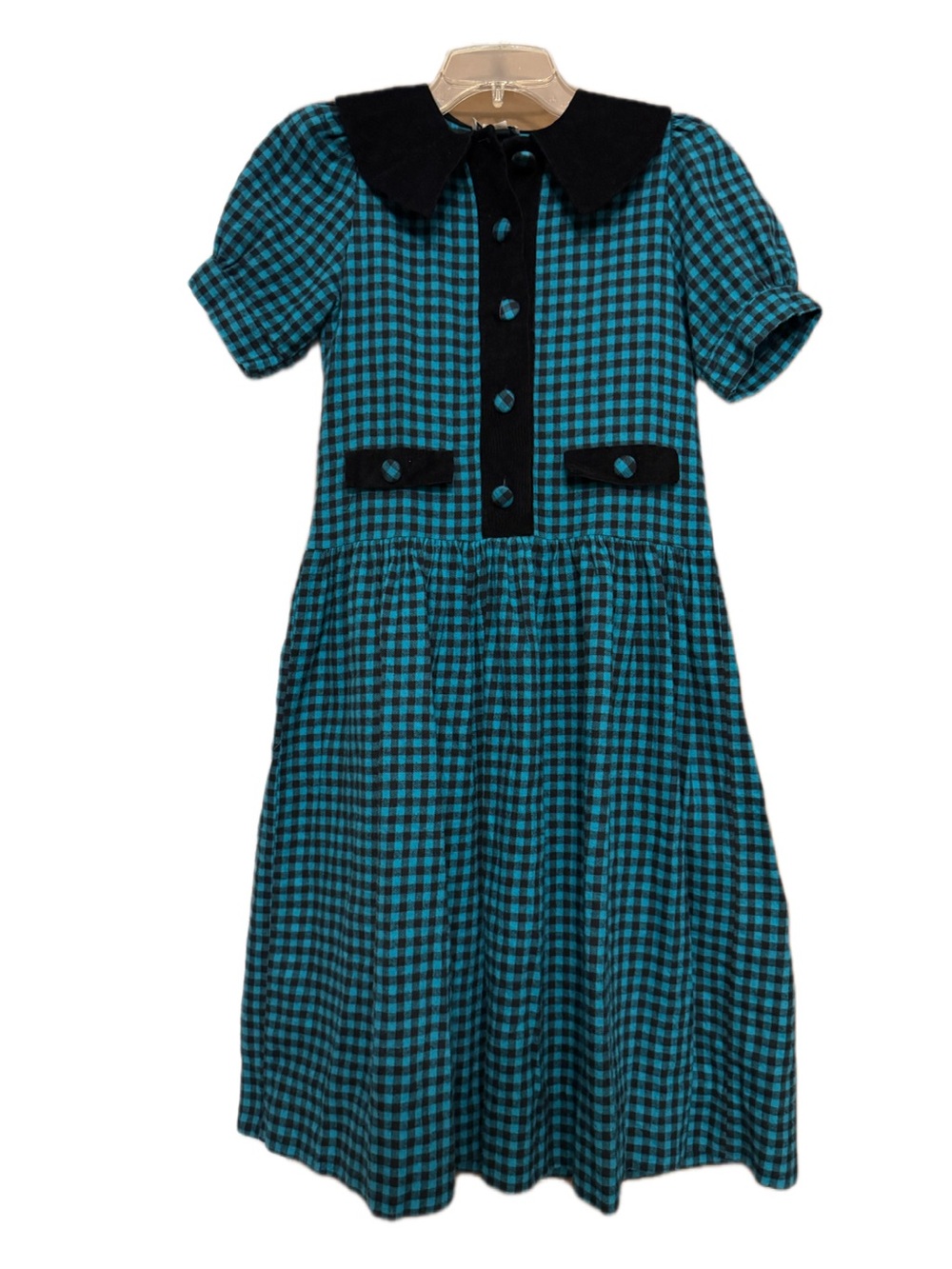 Vintage Mondays Child Dress Gingham Plaid Velvet Collar Teal Black 80s 90s SZ 10